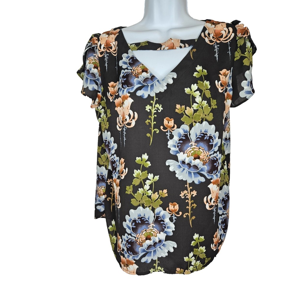 Women's Floral V-Neck Blouse‎ Black Multicolor Boho Cottagecore Top Size L